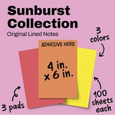 Post it®, Sunburst, Original Lined Notes, 4x6 inches, 3 colors, 3 pads, 100 sheets each.