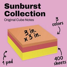 Post it®, Sunburst, Original Cube Notes, 3x3 inches, 3 colors, 1 pad, 400 sheets.