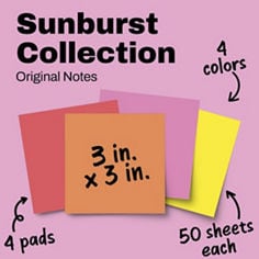 Post it®, Sunburst, Original Notes, 3x3 inches, 4 colors, 4 pads, 50 sheets each.