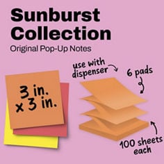 Post it®, Sunburst, Original Pop Up Notes, 3x3 inches, 6 pads, 100 sheets, use with dispenser.