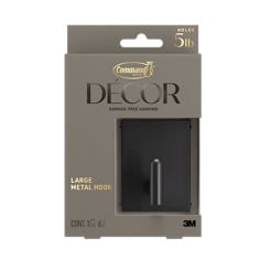 Command™ Décor DCR02MB In Package English straight image, large metal hook, Twist Project, Décor Collection, matte black