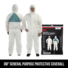 3M™ General Purpose Protective Coverall L, 94520, Out of Package and In Package, with Text Overlay, Key Visual