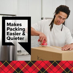 Image of a Man, closing a box with Scotch Heavy Duty Moving Tape. Reader: Makes packing Easier & Quieter.
