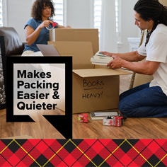 Image of a Man and a Woman, packing with Scotch Heavy Duty Moving Tape. Reader: Makes packing Easier & Quieter.