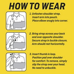 Key visual providing how-to-wear guidance for the FUTURO™ Adjustable Arm Sling, 46204ENR.