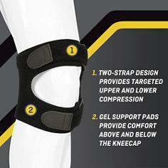 Key visual showcasing product benefits of the FUTURO™ Adjustable Knee Dual Strap, catalog ID 09195ENR.