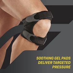 Key visual highlighting gel pad support features of the FUTURO™ Adjustable Knee Dual Strap, catalog ID 09195ENR.
