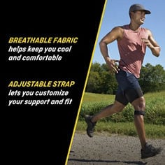 Key visual for the FUTURO™ Adjustable Knee Strap, 09189ENR, emphasizing its breathable and adjustable design.