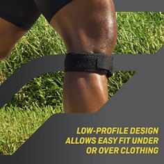 Key visual for the FUTURO™ Adjustable Knee Strap, 09189ENR, highlighting its low-profile design for comfortable wear.