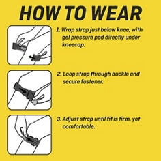 Key visual for the FUTURO™ Adjustable Knee Strap, 09189ENR, showing how to properly wear the product.