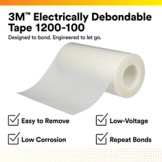 Product hero showing a roll of debondable tape on a clean product card. 3M Electrically Debondable Tape 1200-100. Designed to bond. Engineered to let go. Easy to Remove, Low-Voltage, Low Corrosion, Repeat Bonds.