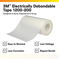 Product hero showing a roll of debondable tape on a clean product card. 3M Electrically Debondable Tape 1200-200. Designed to bond. Engineered to let go. Easy to Remove, Low-Voltage, Low Corrosion, Repeat Bonds.
