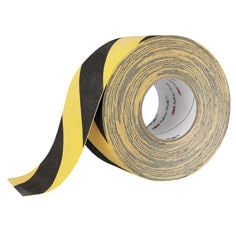 A roll of 3M Safety-Walk Slip-Resistant General Purpose Tape 613, Black/Yellow Stripe, 4 in x 60 ft