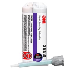 Studio product image of 3M Panel Bonding Adhesive 38315 on a light gray background. The white dual-cartridge container stands upright with a vertical red 3M logo, a purple stripe, and black text reading “Panel Bonding Adhesive” and “38315.” Warning text appears on the left side. One translucent mixing nozzle with a gray connector lies horizontally in front. A round badge reads “3M Performance Network Authorized Product.”