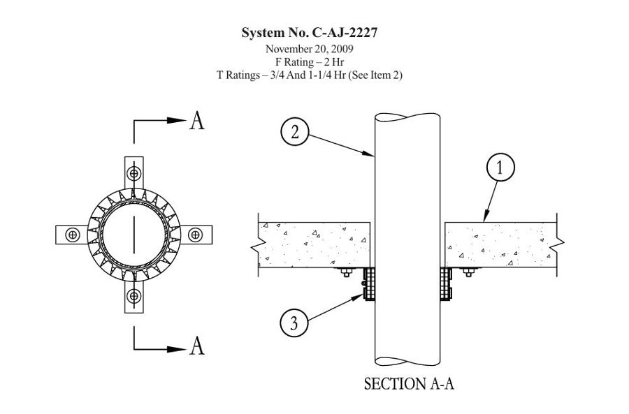 Technical diagram of through-penetration firestop system C-AJ-2227, showing a pipe passing through a concrete floor with a firestop device.