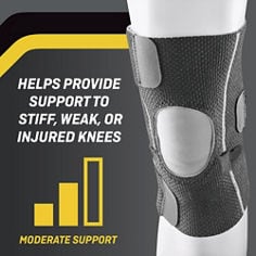 FUTURO™ Adjustable Knee Support, catalog ID 01039ENR, B+ Key Visual 1 highlighting support for knees.
