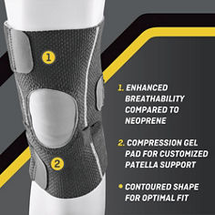 FUTURO™ Adjustable Knee Support, catalog ID 01039ENR, B+ Key Visual 2 highlighting features for fit.