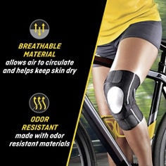 FUTURO™ Adjustable Knee Support, catalog ID 01039ENR, B+ Key Visual 3 highlighting materials for comfort.