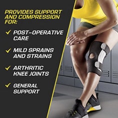 FUTURO™ Adjustable Knee Stabilizer, catalog ID 47550ENR, B+ key visual explaining compression for knee conditions.