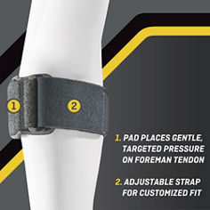 FUTURO™ Tennis Elbow Support Adjustable, catalog ID 45975ENR, B+ key visual highlighting gentle targeted pressure.