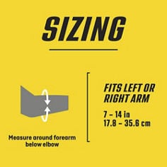 FUTURO™ Tennis Elbow Support Adjustable, catalog ID 45975ENR, B+ key visual showing arm sizing guidance.