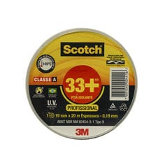 Vista frontal de um rolo de fita isolante elétrica preta Scotch 33 Plus com o rótulo do produto totalmente visível