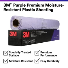 Product box and plastic sheeting roll are shown on a white background with feature callouts. 3M Purple Premium Moisture-Resistant Plastic Sheeting, Specially Treated Surface, Premium Performance, Moisture Resistant, Easy Cutability.