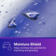 Water droplets sit on a painted purple surface to illustrate moisture protection. Moisture Shield, Helps minimize the potential for imprinting and ghosting.