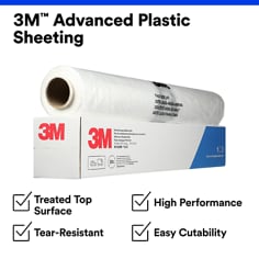 Product box and plastic sheeting roll are shown on a white background with feature callouts. 3M Advanced Plastic Sheeting, Treated Top Surface, High Performance, Tear-Resistant, Easy Cutability.