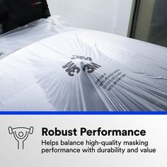 Plastic sheeting is stretched across a vehicle to show durable masking coverage. Robust Performance, Helps balance high-quality masking performance with durability and value.