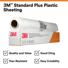 Product box and plastic sheeting roll are shown on a white background with feature callouts. 3M Standard Plus Plastic Sheeting, Quality and Value, Good Cling, Tear-Resistant, Easy Cutability.