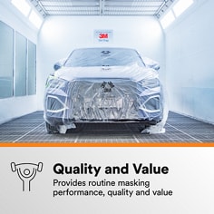 A fully masked vehicle in a spray booth represents everyday masking performance. Quality and Value, Provides routine masking performance, quality and value.