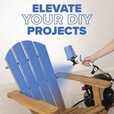 Blue chair being painted with the ScotchBlue Paint Sprayer with Elevate DYI Projects promotional text