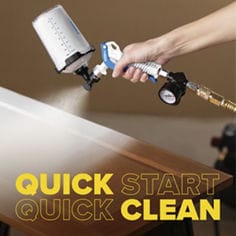 White door being painted with the ScotchBlue Paint Sprayer with Quick Start, Quick Clean promotional text