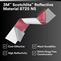 A product hero graphic shows a curled reflective material strip on a dark background. 3M Scotchlite Reflective Material 8725 NS, Cost-Effective, Wash Durability, High Reflectivity, Stitch/Snag Free Construction.