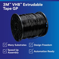A spool of black extrudable tape is shown against a blue background. 3M VHB Extrudable Tape GP, Many Substrates, Design Freedom, Speed Up Assembly, Automation Ready.