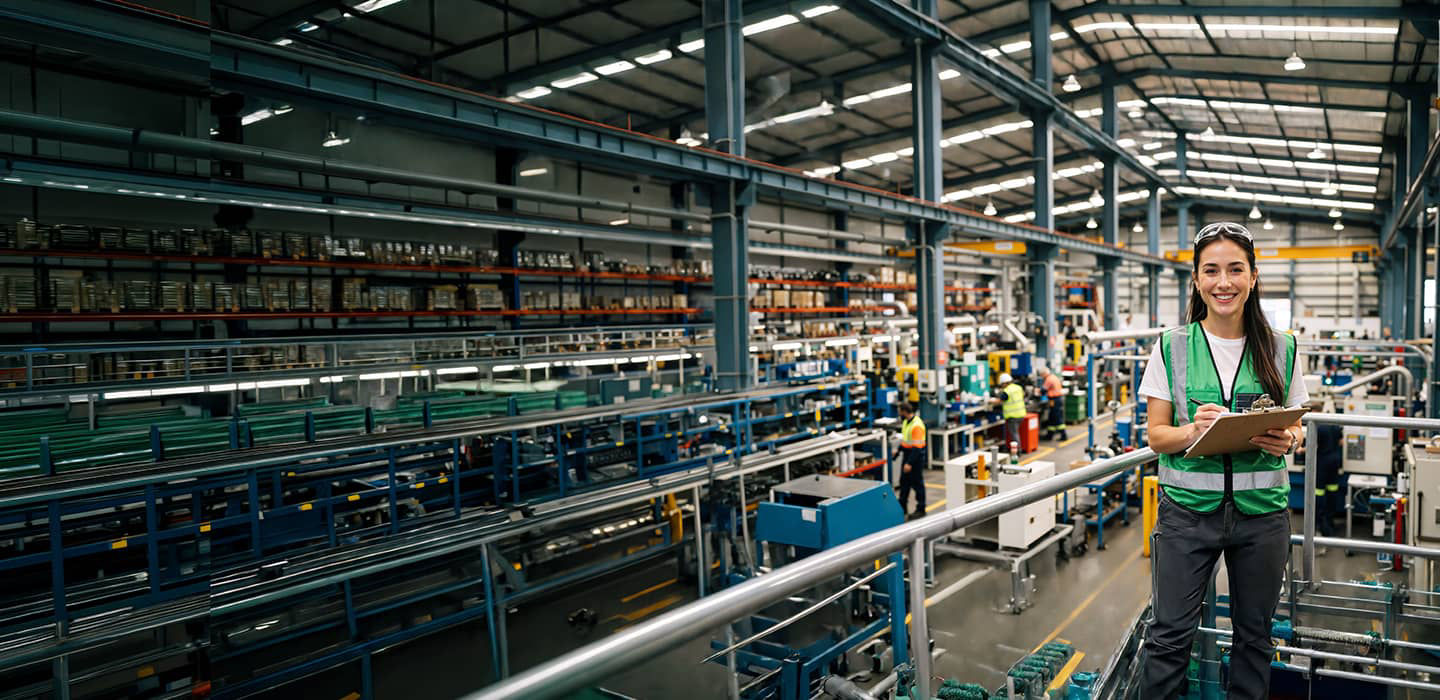Girl in green vest at a factory with a clip board.