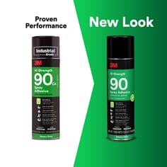 Two aerosol cans for 3M Hi-Strength Spray Adhesive 90 Low VOC are shown side by side against a gray and green background with a white center divider, presenting an old look and a new look. Proven Performance, New Look, Industrial Grade, 3M, Hi-Strength, 90, Spray Adhesive, CA Compliant, Heavy Duty.