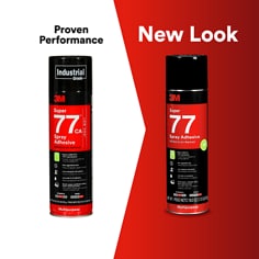 Two aerosol cans for 3M Super 77 Spray Adhesive Low VOC are shown side by side against a gray and red background with a white center divider, presenting an old look and a new look. Proven Performance, New Look, Industrial Grade, 3M, Super 77, Spray Adhesive, Multipurpose.