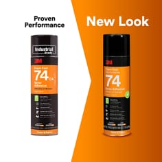 Two aerosol cans for 3M Foam Fast Spray Adhesive 74 Low VOC are shown side by side against a gray and orange background with a white center divider, presenting an old look and a new look. Proven Performance, New Look, Industrial Grade, 3M, Foam Fast, 74, Spray Adhesive, CA Compliant, Orange color, Foam & Fabric.