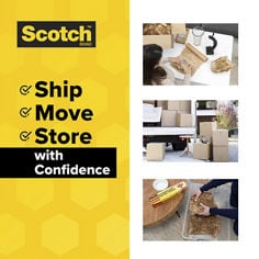 Scotch® Cushion Lock Expanding Paper Wrap B+ confidence image. Three panels show Scotch Brand packing material used for shipping, moving, and storage. Visible text includes: “Scotch Brand,” “Ship,” “Move,” “Store,” and “with Confidence.”