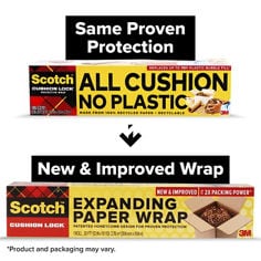Scotch® Cushion Lock Expanding Paper Wrap B+ transition image comparing the previous packaging with the new and improved wrap. Visible text includes: “Same Proven Protection,” “New & Improved Wrap,” “Scotch Cushion Lock Protective Wrap,” “All Cushion No Plastic,” “Replaces up to 75 ft Plastic Bubble Fill,” “Made from 100% Recycled Paper,” “Recyclable,” “Scotch Cushion Lock,” “Expanding Paper Wrap,” “New & Improved,” “Up to 2X Packing Power,” and “Patented Honeycomb Design for Proven Protection.”