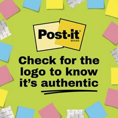 Post-it® Neon Fizz B+ image with the Post-it® Brand logo. Text in image reads: “Check for the logo to know it’s authentic.”