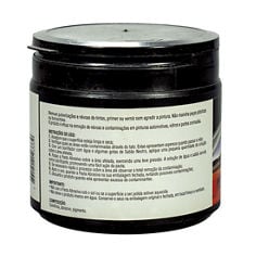 Vista do lado esquerdo de um recipiente preto de pasta abrasiva 3M Perfect-It mostrando instruções de uso em português, 200 g.