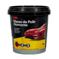 Vista frontal de um recipiente preto de composto de polimento 3M Massa de Polir Diamante com rótulo amarelo, gráfico de carro vermelho e tamanho de 1 kg.