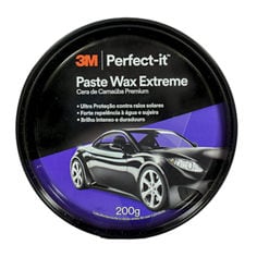 Vista superior da tampa preta de 3M Perfect-It Paste Wax Extreme mostrando o nome do produto, o gráfico do carro e o tamanho de 200 g.
