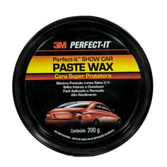 Vista superior da tampa preta de 3M Perfect-It Show Car Paste Wax mostrando o rótulo do produto e o gráfico do carro, 200 g.