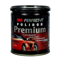 Vista frontal de um recipiente preto de polidor 3M Perfect-It Premium com texto prateado, gráfico de carro esportivo vermelho e tamanho de 1 kg.