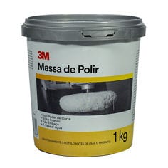 Vista frontal de um recipiente branco de composto de polimento 3M Massa de Polir com rótulo amarelo, imagem de boina de polimento e tamanho de 1 kg.