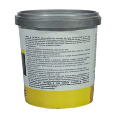 Vista traseira de um recipiente branco de composto de polimento 3M Massa de Polir mostrando instruções de uso e informações de segurança em português, 1 kg.